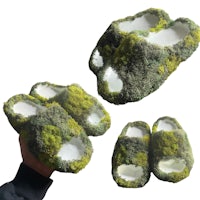 a pair of slippers with moss on them