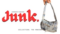 a woman is holding a bag with the words junk collection