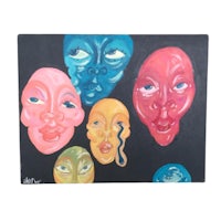 a painting of different colored faces on a black background